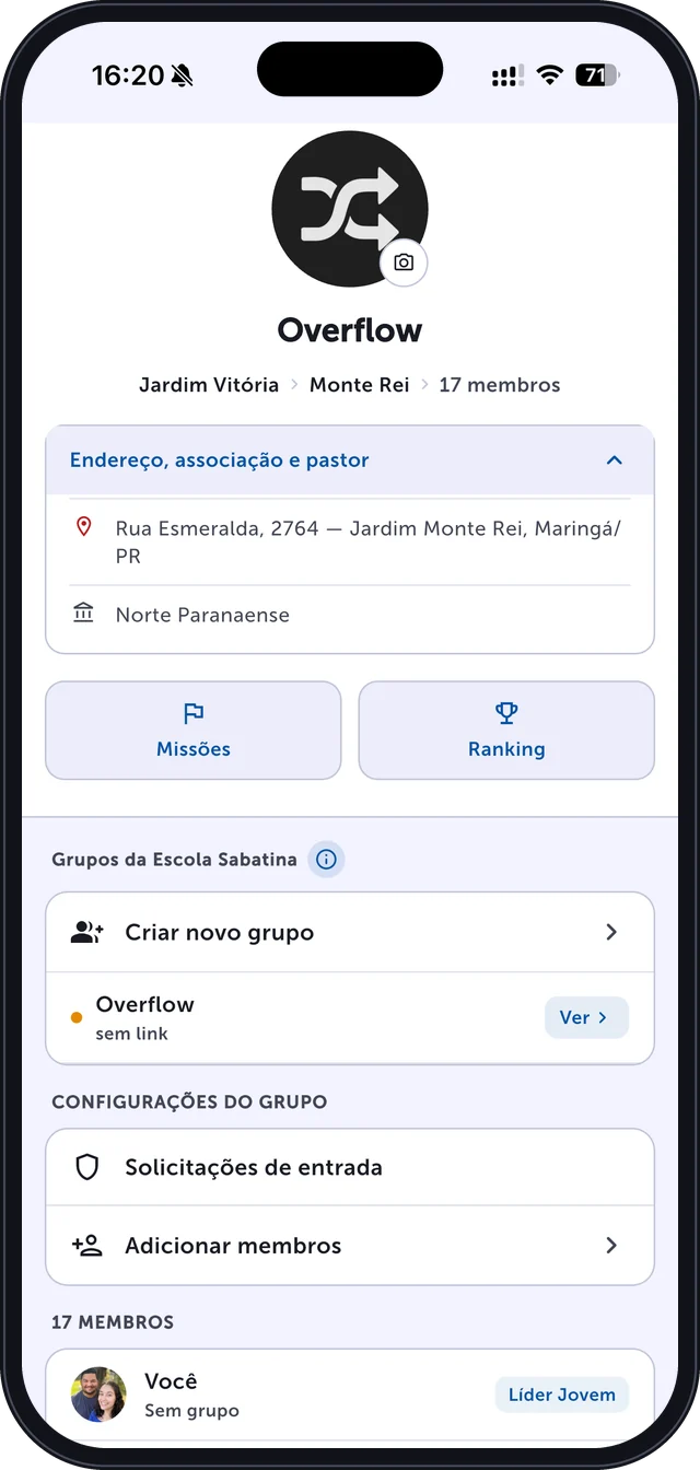 Página da base no MRNT, com missões, ranking e grupos