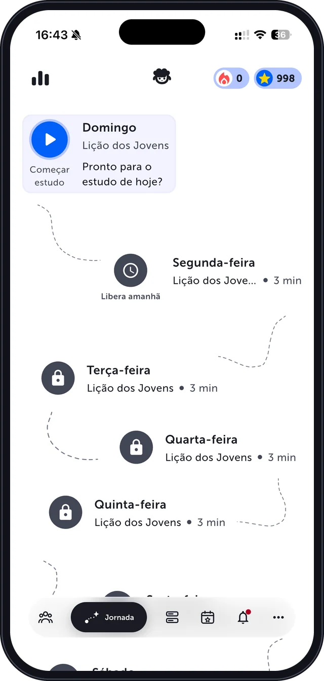Trilha da lição da semana no MRNT, com sequência e XP